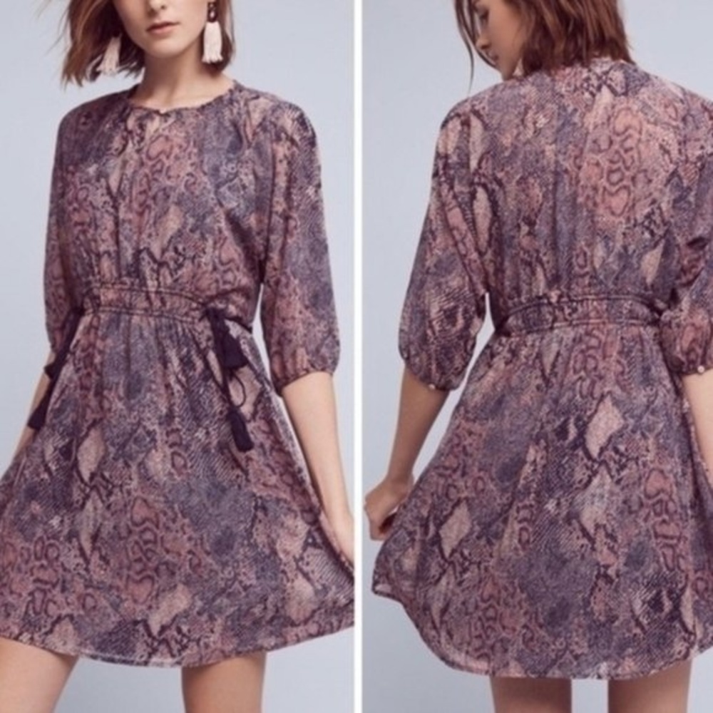 ANTHROPOLOGIE Floreat Zarrah Blue Python Print Tassle Side Tie Mini Dress XS
